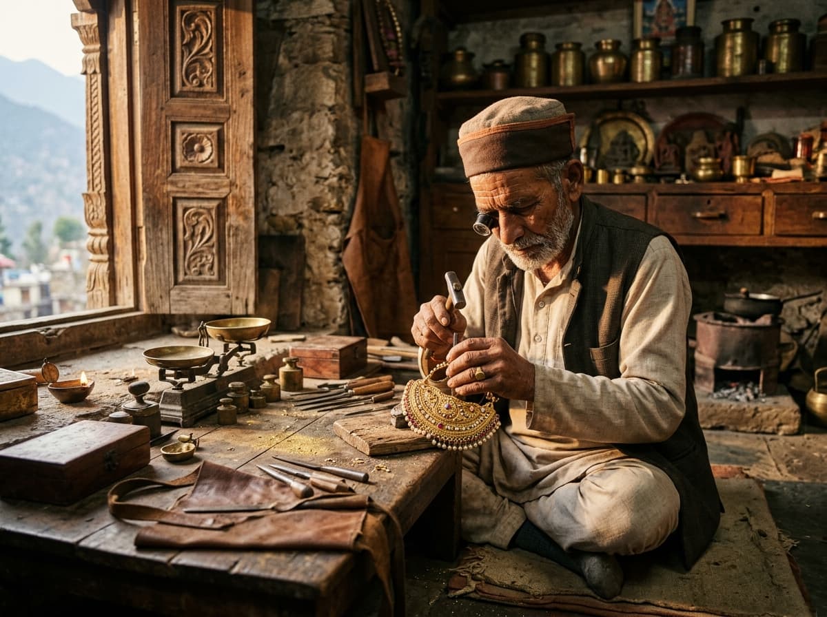 Elderly master Himalayan Sunar hand-chiseling a Thati silver Tehri Nath in his traditional mountain workshop